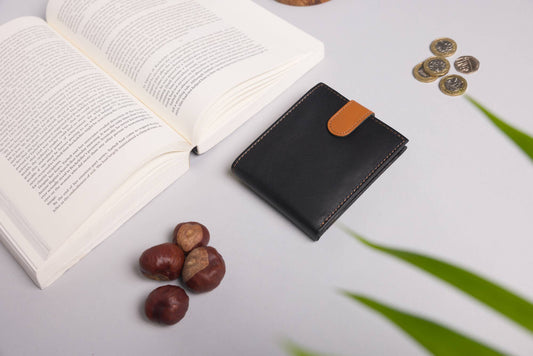 Biggs & Bane Men's Bifold Black & Tan Leather Wallet With Tab Coin Pocket