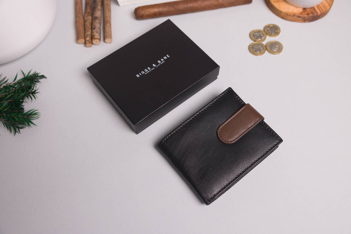 Biggs & Bane Men's Bifold Black & Dark Brown Leather Wallet With Large External Coins Pocket With Gusset