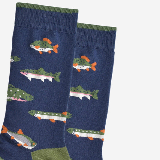 Men's Bamboo Socks - Navy Blue/Green, River Fishing