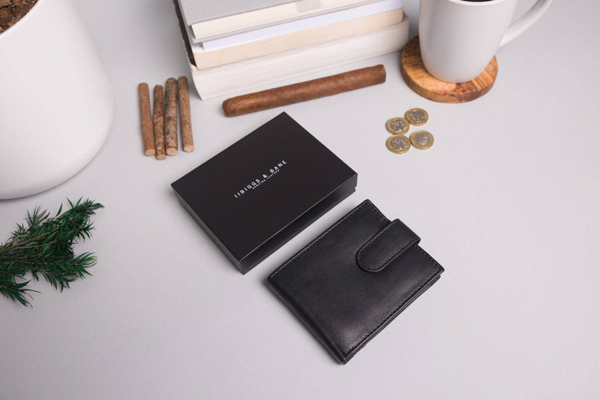 Biggs & Bane Men's Bifold Black Leather Wallet With Large External Coins Pocket With Gusset