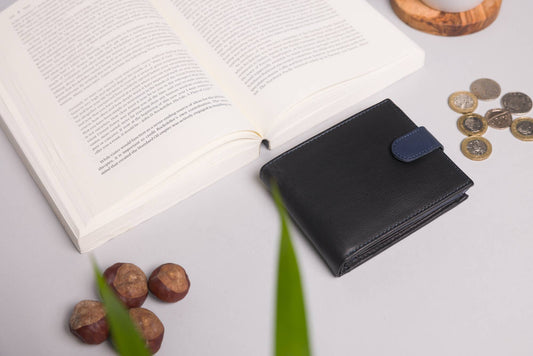 Biggs & Bane Large Capacity Men's Bifold Black & Navy Leather Wallet
