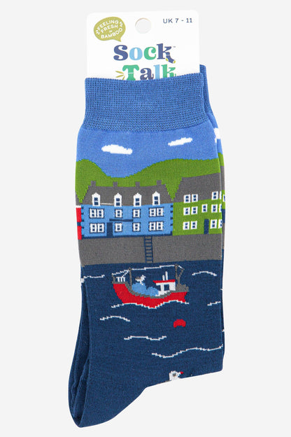 Men's Bamboo Socks - Blue, Fishing Village