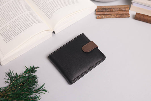 Biggs & Bane Men's Bifold Black & Dark Brown Leather Wallet With Tab Coin Pocket