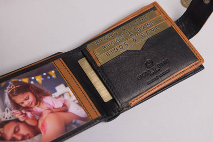 Biggs & Bane Men's Bifold Black & Tan Leather Wallet With Large External Coins Pocket With Gusset