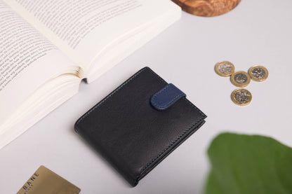Biggs & Bane Men's Bifold Black & Navy Leather Wallet With Tab Coin Pocket
