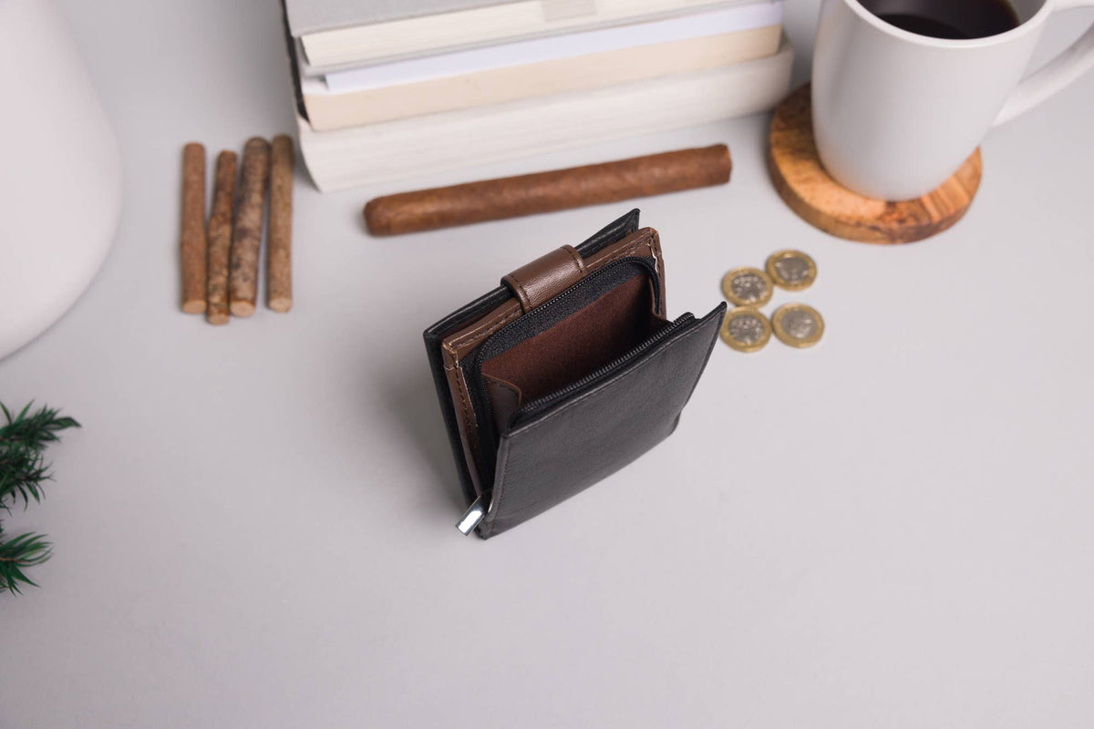 Biggs & Bane Men's Bifold Black & Dark Brown Leather Wallet With Large External Coins Pocket With Gusset