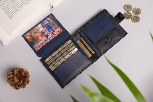Biggs & Bane Men's Bifold Black & Navy Leather Wallet With Tab Coin Pocket