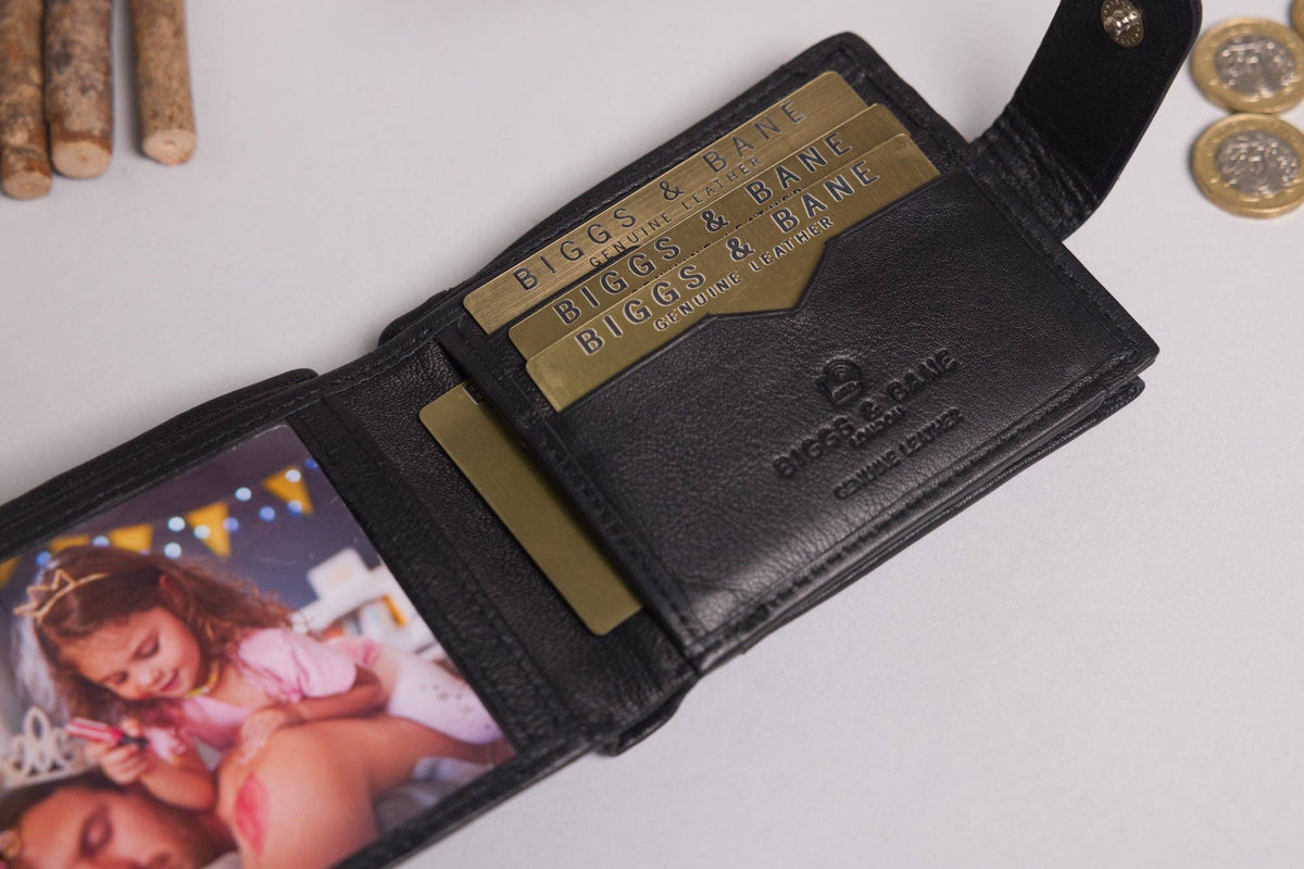 Biggs & Bane Men's Bifold Black Leather Wallet With Large External Coins Pocket With Gusset