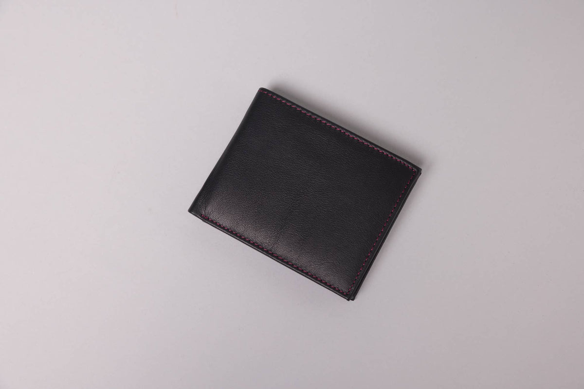Biggs & Bane Men's Bifold Black & Burgundy Leather Wallet With Large Zip Coin Pocket