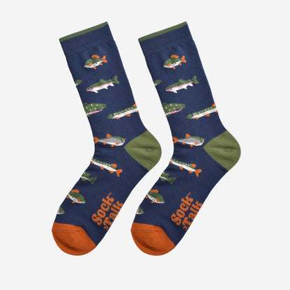 Men's Bamboo Socks - Navy Blue/Green, River Fishing