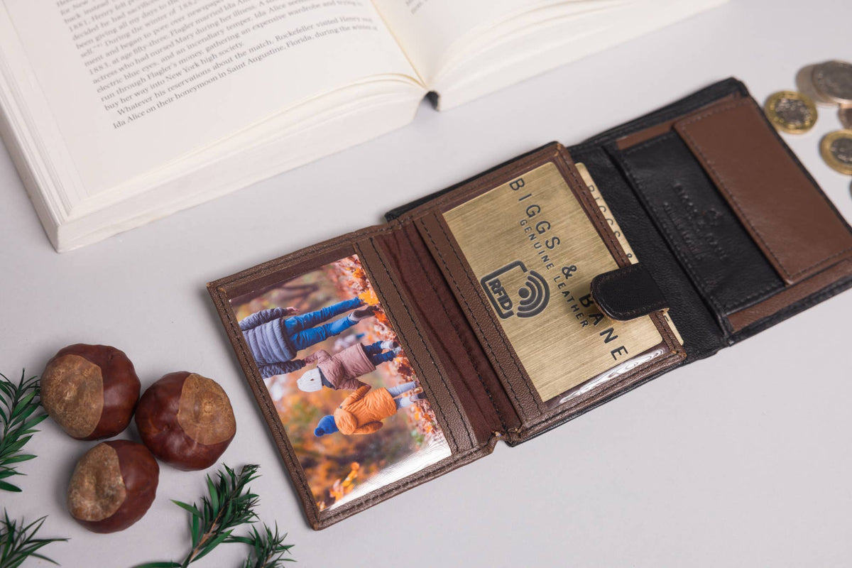 Biggs & Bane Men's Trifold Black & Dark Brown Leather Wallet