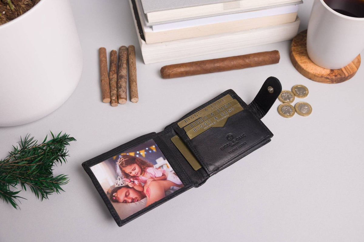 Biggs & Bane Men's Bifold Black Leather Wallet With Large External Coins Pocket With Gusset