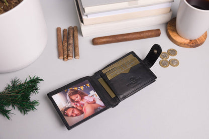 Biggs & Bane Men's Bifold Black Leather Wallet With Large External Coins Pocket With Gusset