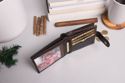 Biggs & Bane Men's Bifold Black & Dark Brown Leather Wallet With Large External Coins Pocket With Gusset