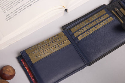 Biggs & Bane Large Capacity Men's Bifold Black & Navy Leather Wallet