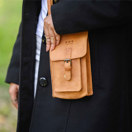 'MYLA' Tan Distressed Real Leather Mobile Phone Crossbody Bag
