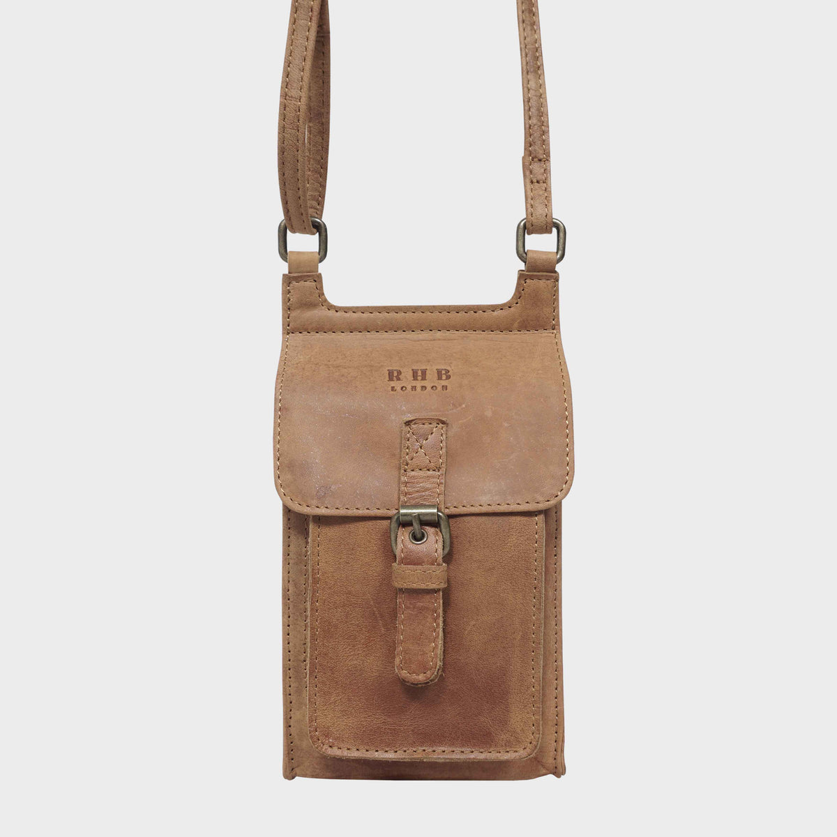 'MYLA' Tan Distressed Real Leather Mobile Phone Crossbody Bag