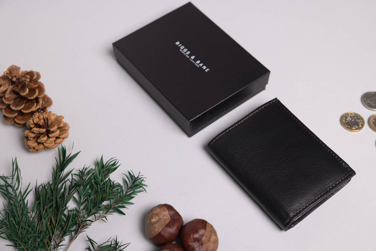 Biggs & Bane Men's Trifold Black & Dark Brown Leather Wallet