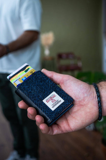 Harris Tweed RFID Pop Up Card Wallet in Blue Herringbone