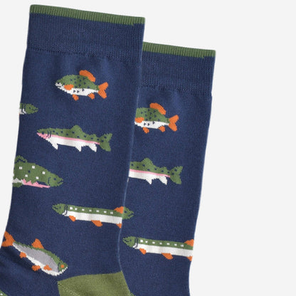 Men's Bamboo Socks - Navy Blue/Green, River Fishing