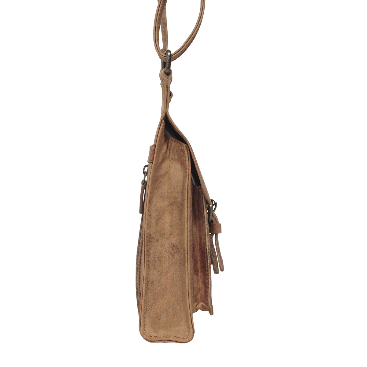 'MYLA' Tan Distressed Real Leather Mobile Phone Crossbody Bag