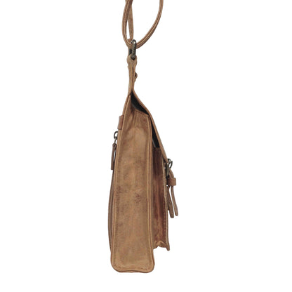 'MYLA' Tan Distressed Real Leather Mobile Phone Crossbody Bag