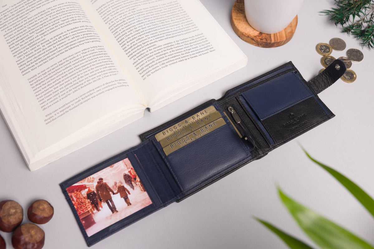 Biggs & Bane Large Capacity Men's Bifold Black & Navy Leather Wallet