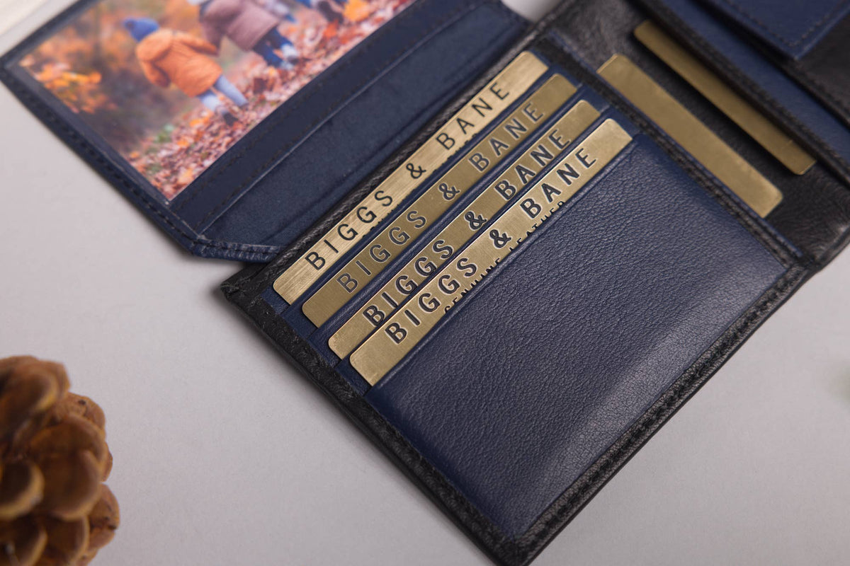 Biggs & Bane Men's Bifold Black & Navy Leather Wallet With Tab Coin Pocket