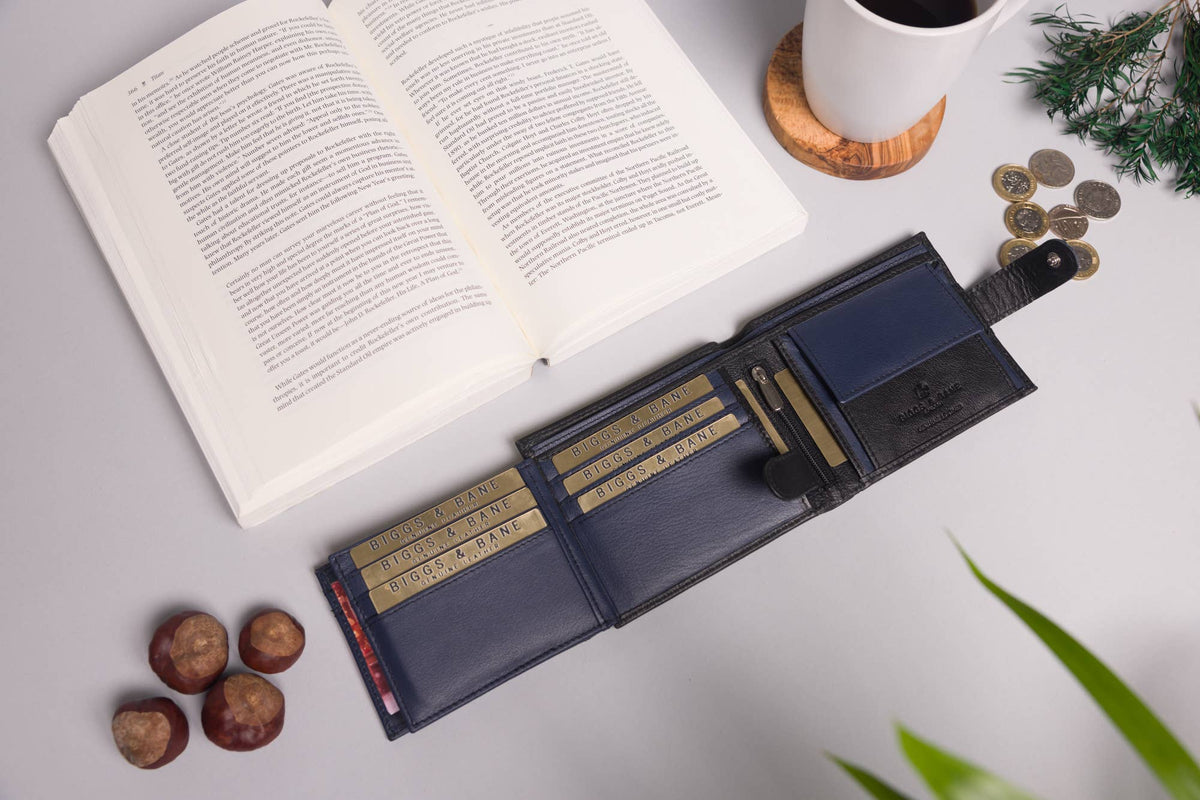 Biggs & Bane Large Capacity Men's Bifold Black & Navy Leather Wallet