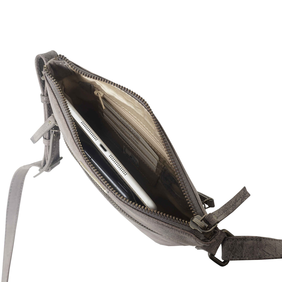 'RUE' Distressed Grey Real Leather Crossbody Bag