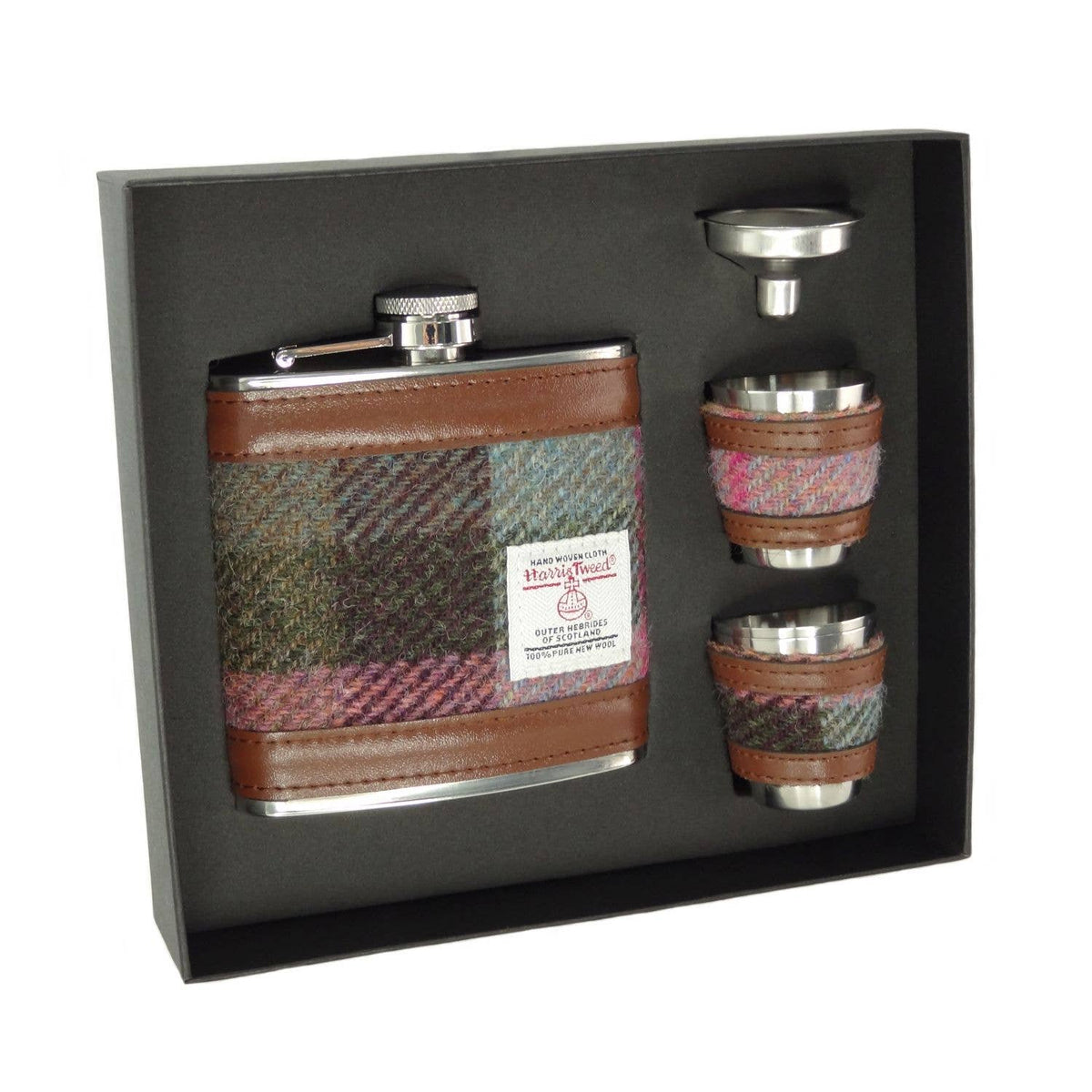 6oz Harris Tweed Hip Flask Gift Set in Gift Box