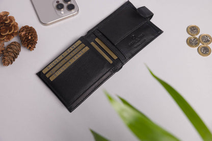 Biggs & Bane Men's Bifold Black Leather Wallet With Tab Coin Pocket