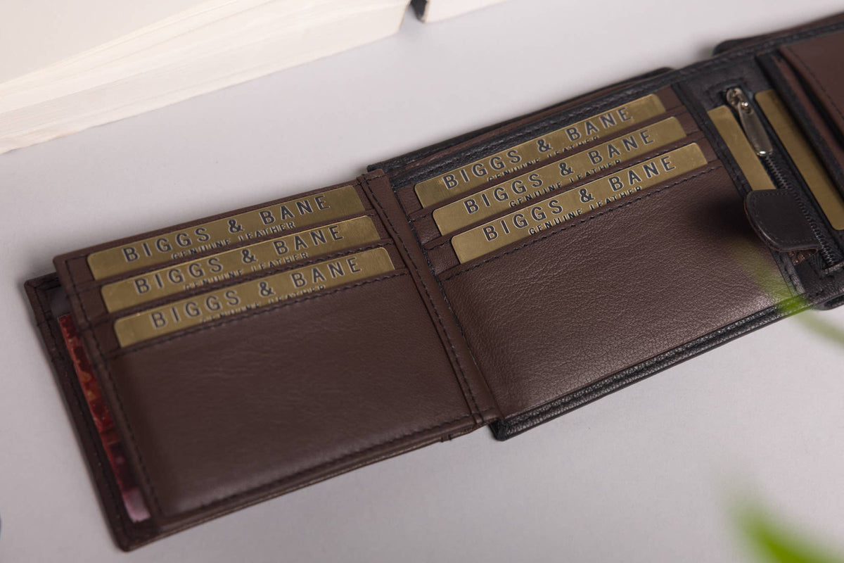 Biggs & Bane Large Capacity Men's Bifold Black & Dark Brown Leather Wallet
