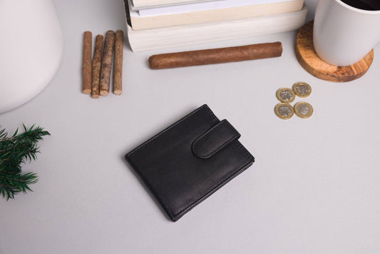 Biggs & Bane Men's Bifold Black Leather Wallet With Large External Coins Pocket With Gusset