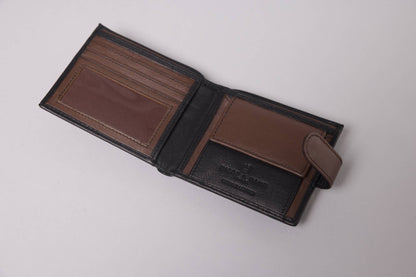 Biggs & Bane Men's Bifold Black & Dark Brown Leather Wallet With Tab Coin Pocket