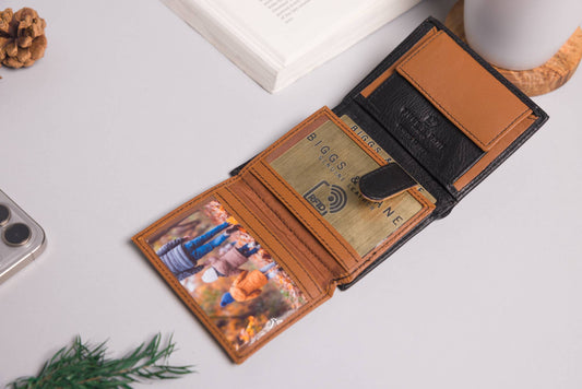 Biggs & Bane Men's Trifold Black & Tan Leather Wallet