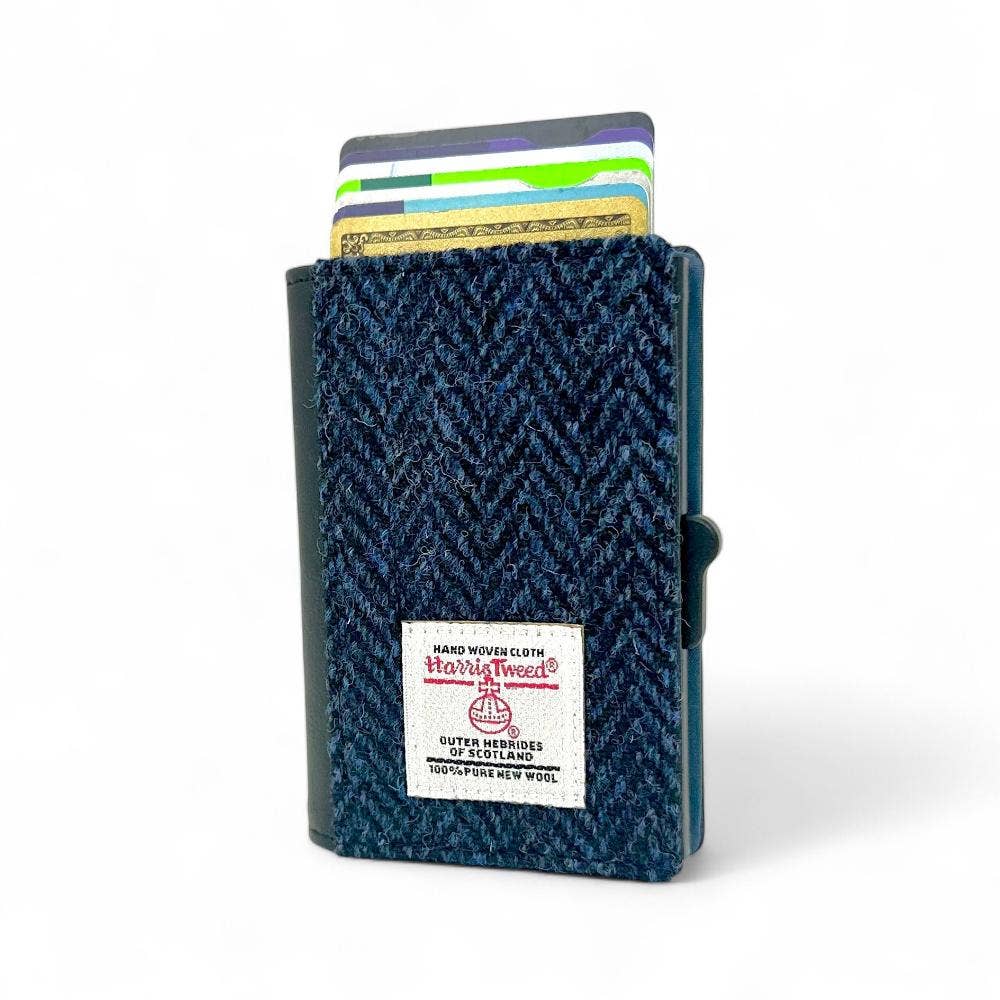 Harris Tweed RFID Pop Up Card Wallet in Blue Herringbone