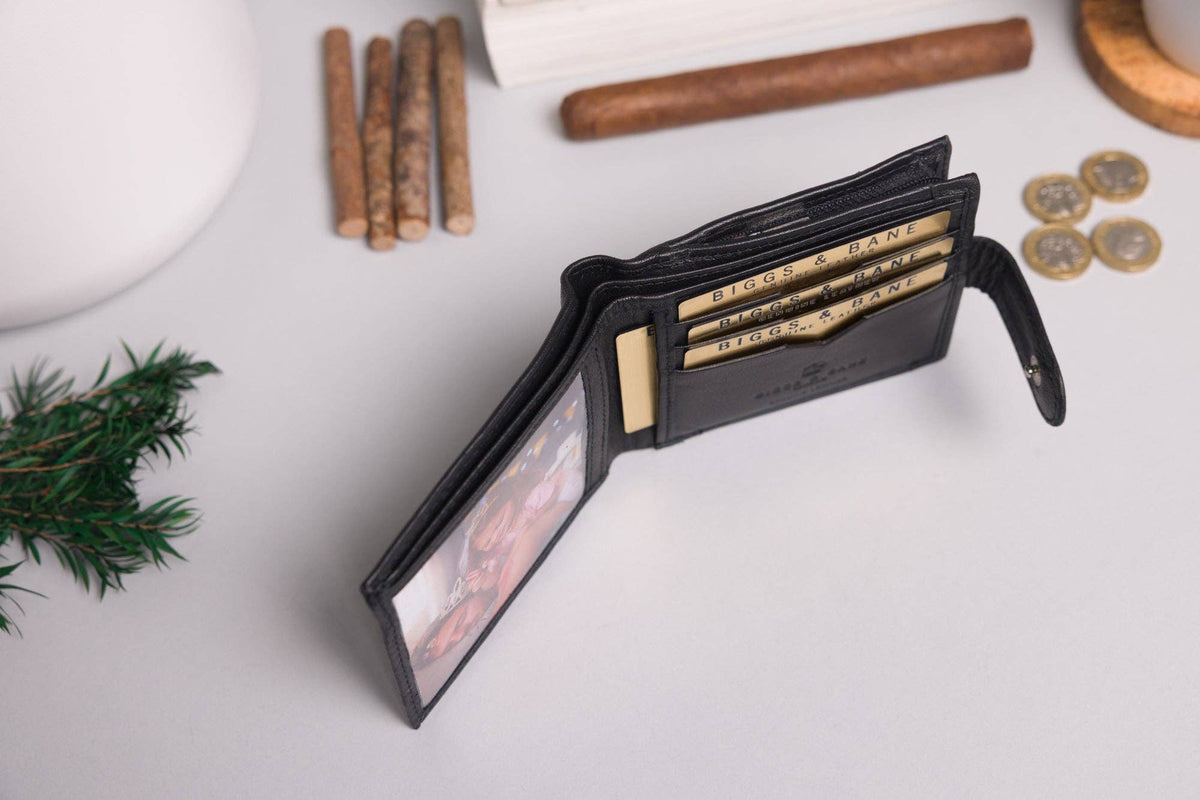 Biggs & Bane Men's Bifold Black Leather Wallet With Large External Coins Pocket With Gusset