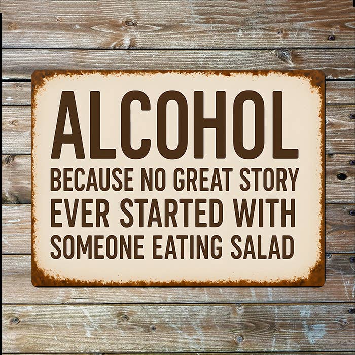 Alcohol Funny Metal Sign – No Great Story Starts with Salad