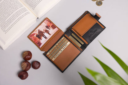 Biggs & Bane Men's Bifold Black & Tan Leather Wallet With Tab Coin Pocket