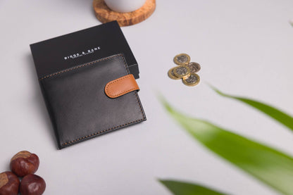 Biggs & Bane Men's Bifold Black & Tan Leather Wallet With Tab Coin Pocket