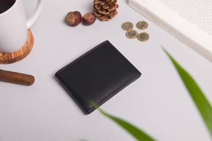 Biggs & Bane Men's Bifold Black & Burgundy Leather Wallet With Large Zip Coin Pocket