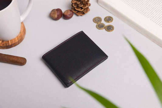 Biggs & Bane Men's Bifold Black & Burgundy Leather Wallet With Large Zip Coin Pocket