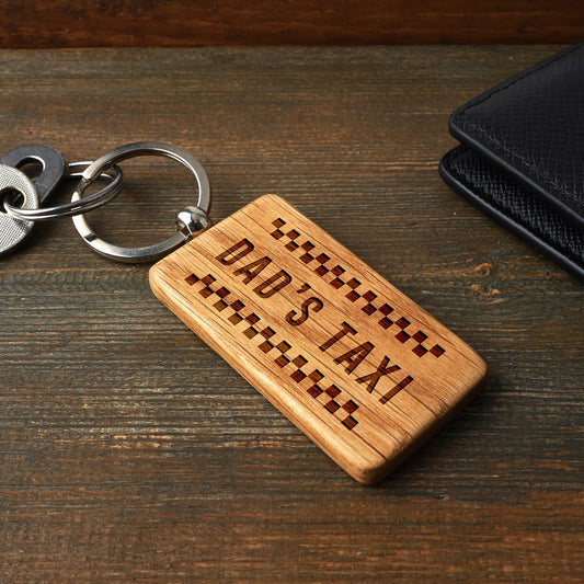 Dapper Chap 'Dad's Taxi' Rectangular Oak Keyring